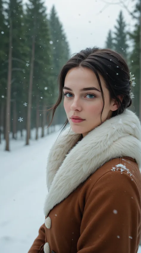  score_9,  score_8_ up,  score_7_ up,   cinematic film stills ,  beautiful women, no make  up, Winter Outfits , ,   black hair,  head tilt,  hair blown in the wind, Arctic Snowdrifts ,  it's snowing,  Snowflakes, cold, chill bump  ,  Approaching Perfection...