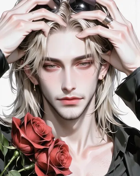  boys in manga :1.5 ,  beard,  despair,   full body ,   hands on head , Wear sunglasses, Dynamic,   High Detail  ,  seed ,   Sharp Focus , 8k,   With a bouquet of red roses in hand,  High Resolution  ,   line art painting  ,   abstract black and white  :1....