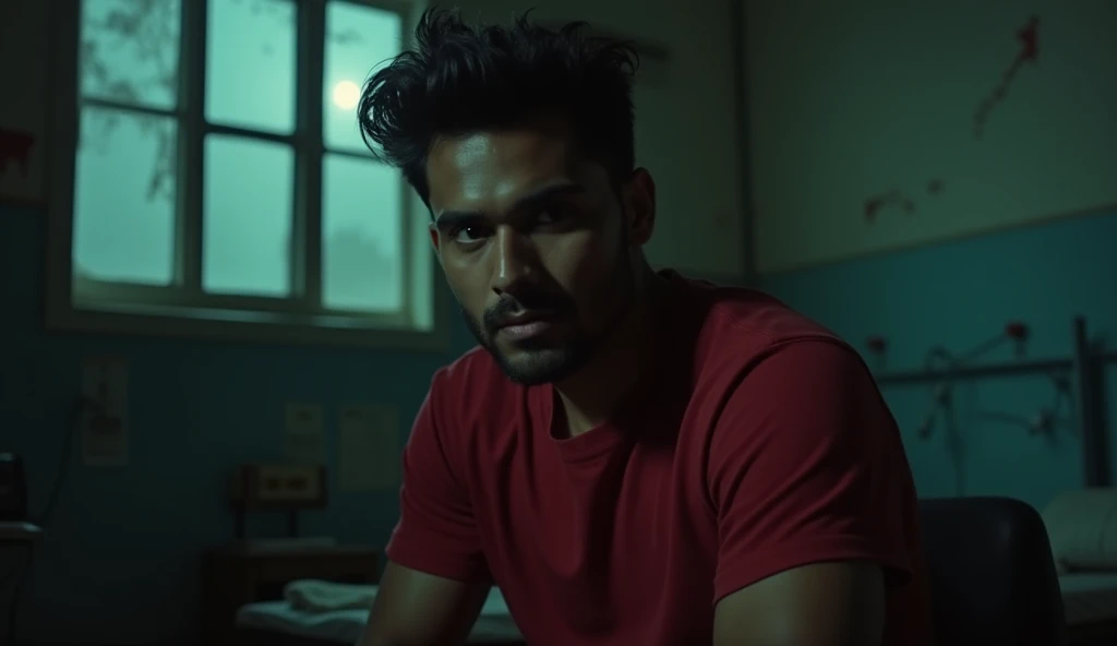 Here’s a detailed prompt for your image:

"A close-up view of an Indian handsome man wearing a red T-shirt, sitting on a chair inside a dimly lit mental hospital room in Mumbai at midnight. He has a fit and well-built physique, sharp facial features, and a...