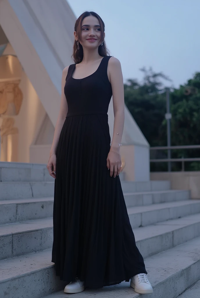 A beautiful young woman of Korean race wearing a hijab with a thin smile wears long black dress wear white shoes ,Wear a white watch posing gracefully on a monument steps fulhd high ratio aesthetic twilight 