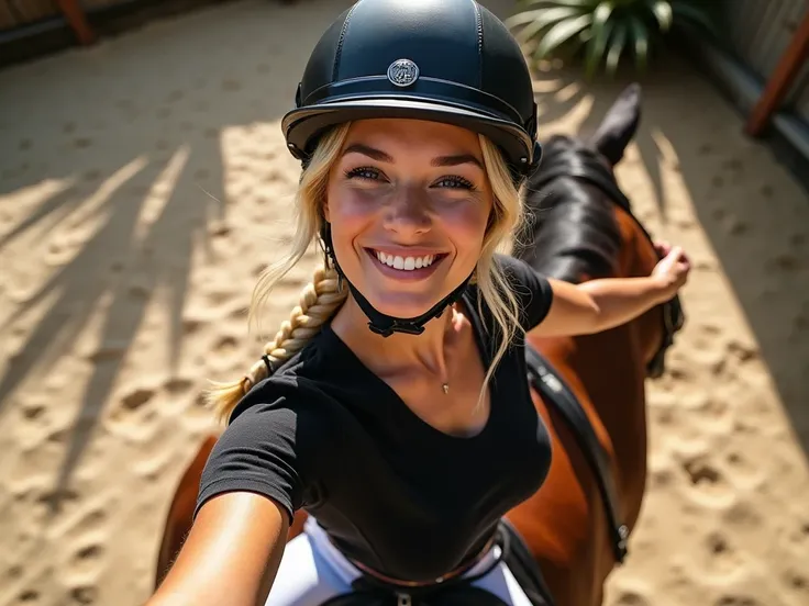 A young white woman with golden hair and radiant skin and slightly flushed cheeks takes a selfie from the top of her majestic horse with shiny fur.  Wear a helmet black equestrian and a loose braid that falls over his shoulder .  Her outfit consists of a t...