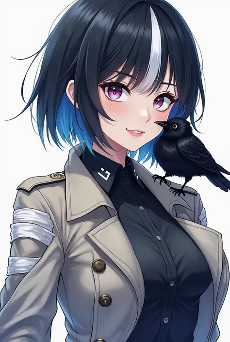  a girl with short multicolored hair mainly black with white and blue details,  she has an arm full of bandages , of breasts,  and hyper giant thighs , She wears a trench coat , with dark circles, kind and affectionate,  insecure and with a raven on her sh...