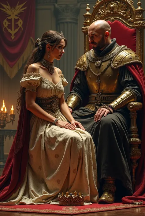 A regal queen, wearing an ornate but tattered gown, kneels before a powerful king on his throne. Her expression is a mix of defiance and reluctant submission as a heavy, jewel-encrusted slave collar is fastened around her neck. The king, dressed in imposin...