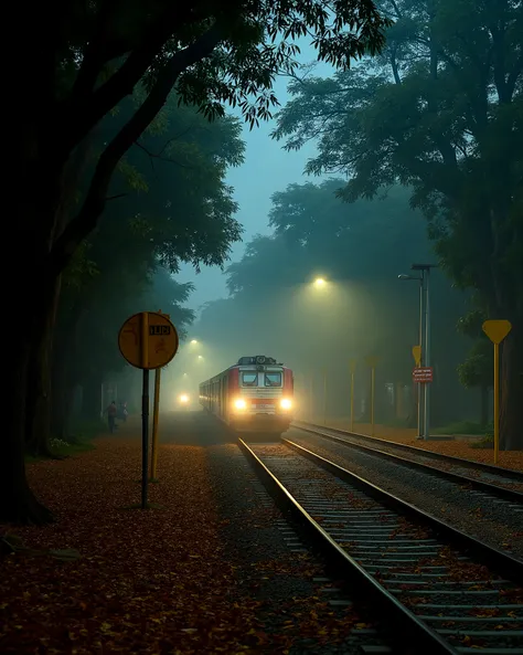 On Old Indian yellow pole light  car group running, horror Old Indian road , yellow side poles, big deep trees around the road , close to camera, leaves on railway track, leaves are flowing in air and road, fog lightroom effect, professional photography of...