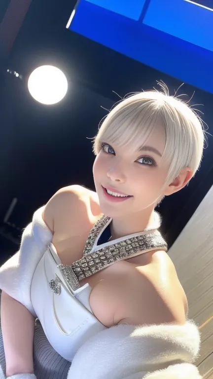 ((  big breast))、  upper body picture、  Please take a close up photo of your face  、  white skin、   amazing light、  Beautiful Lighting Arranged Nicely 、((  platinum blonde hair :1.2))、((  short hair:1.4))、((  straight hair))、blunt bangs、Detailed embroidery...