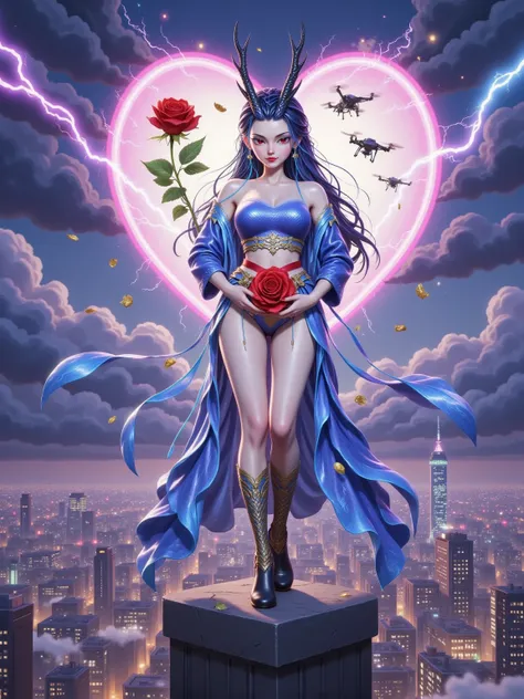 Aorun stands atop skyscraper clutching lightning-wreathed crimson rose, each petal holding micro thunderstorms. She hurls the flower into stormy sky—thunderbolts weave colossal heart-shaped grid, drones hit by electricity shower golden foil petals. Close-u...