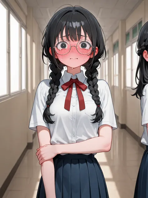 She sings a hallway opera with round glasses, high school girl, uniform, black hair, braids, small breasts, troubled face, tearful face, blushing