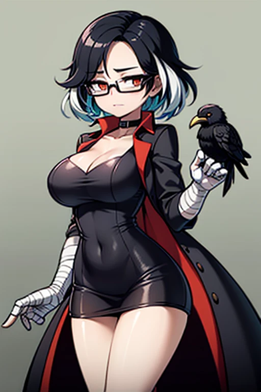  a girl with short multicolored hair mainly black with white and blue details,  she has an arm full of bandages , of breasts,  and hyper giant thighs , She wears a trench coat , with dark circles, kind and affectionate,  insecure and with a raven on her sh...