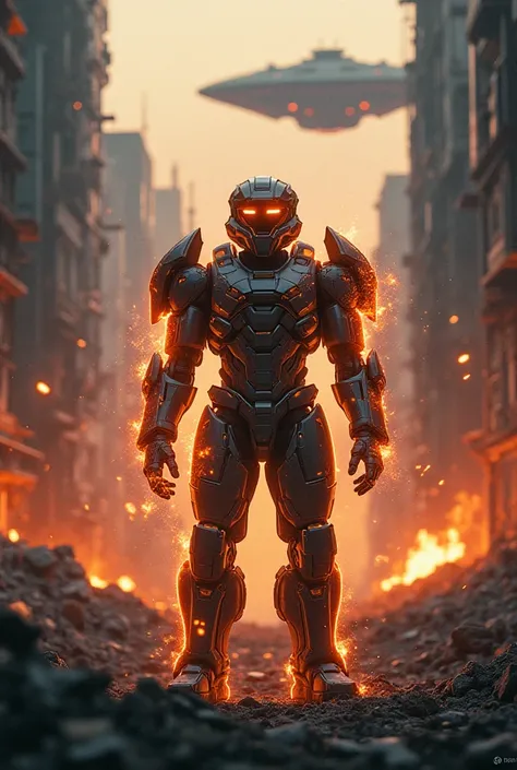 "A lone warrior stands in the ruins of a devastated city, his futuristic battle suit glowing with cosmic energy. His eyes radiate determination as he rises from the ashes, reborn as Sentinel Prime. In the distance, an alien mothership looms, casting a shad...