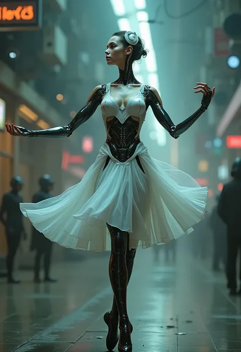 sci-fi, realistic photo, full body shot, 1 mechanical puppet, mechanical balerina, beutifull balerina, visible mechanical element, beutiful balerina dance,  movements and dance performed with great grace, (mechanical body,mechanical arms :1.4), full boddy ...