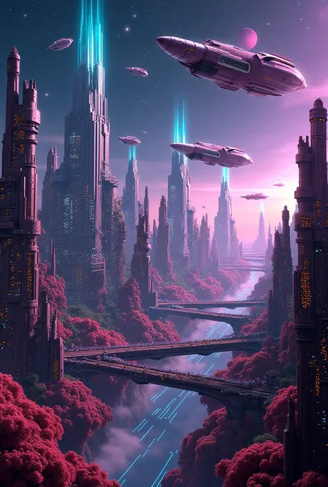 Modern space has cities, flying back and forth, there are creatures living in space, a good atmosphere, full of colored light.