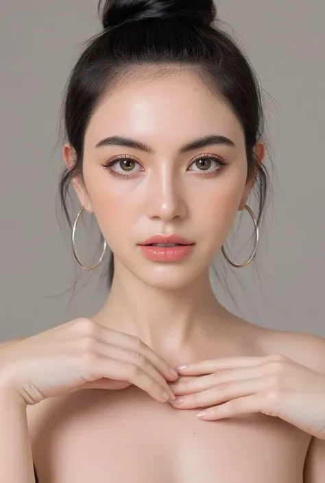 Professional portrait photo, frontal view, Mai Davika Hoorne, beautiful pale skin Russian woman holding her chest for a tits job, ((ponytail hair)), ultra detailed facial features, natural facial skin without make up, alluring facial expression, UHD, 16K, ...