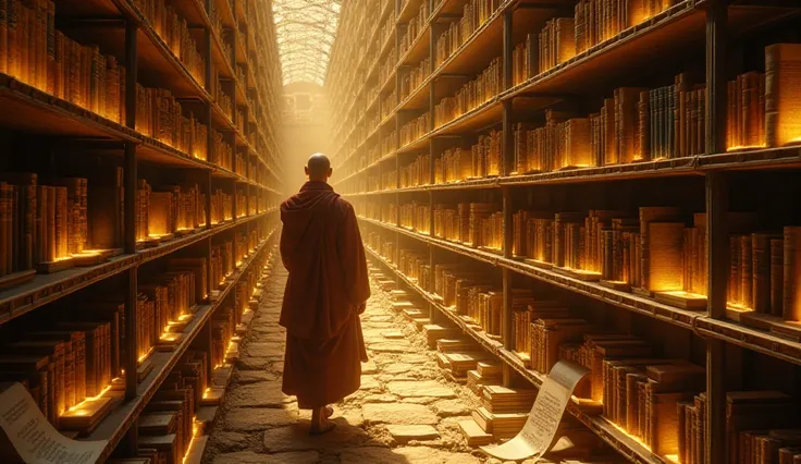 "A cosmic library filled with ancient books, their pages glowing with golden light. A monk walks through the endless shelves, each book containing the wisdom of the universe. He gently picks up a scroll that unravels on its own, revealing a message that on...