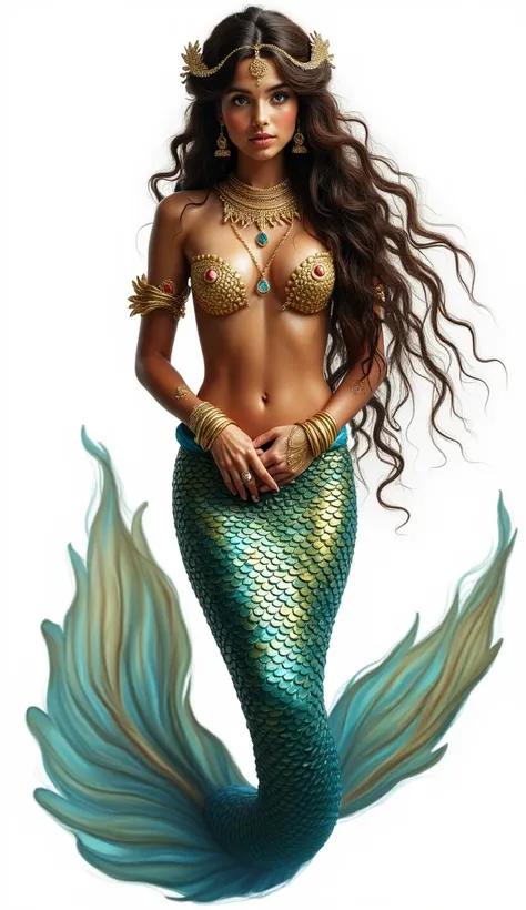 A stunningly beautiful Indian woman as a mermaid, adorned in gold and peacock-colored scales that shimmer elegantly. Her flowing, dark hair cascades around her, embellished with intricate gold jewelry and delicate pearls. Her expressive eyes are lined with...