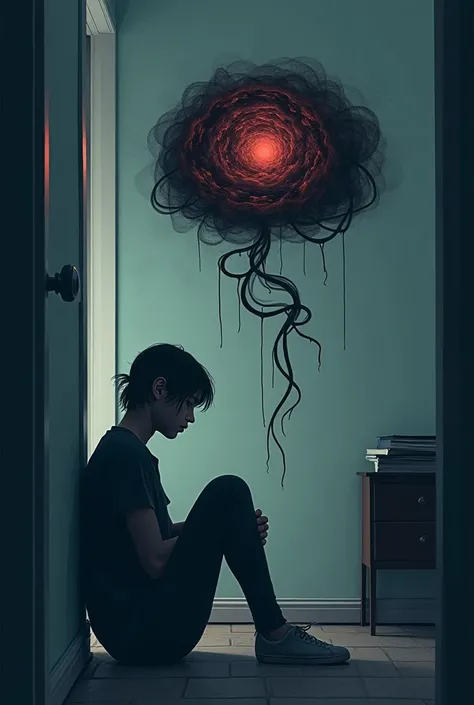 A poster about mental health awareness (a person sad sitting in the corner 2d, in his room with bubble message in his head with dark thread coiled up)