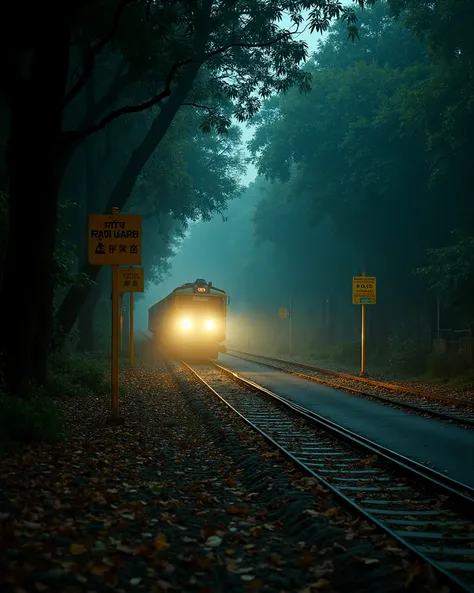 On Old Indian yellow pole light  car group running, horror Old Indian road , yellow side poles, big deep trees around the road , close to camera, leaves on railway track, leaves are flowing in air and road, fog lightroom effect, professional photography of...