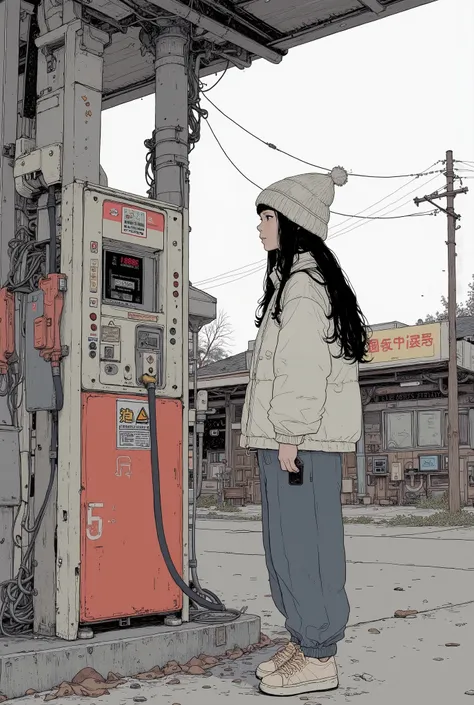  surrealism ,  artwork,  8K product, Girl looking at a refueling machine at a gas station、High school girl wearing an off-white down jacket and loose denim pants, knitted hat、 adidas sneakers  、  anatomically accurate 、