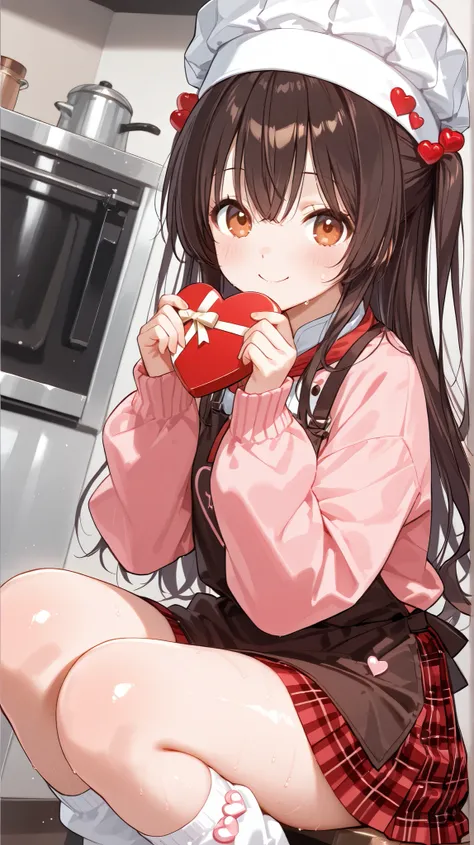  score_9,  score_8_ up,  score_7_ up, ( Masterpiece,  top quality:1.5),  1 girl,smile、Shiny dark brown hair :1.3,Hairstyle: wave hair、Chef hat、Fluffy pink sweater , brown apron、 plaid white pleated mini skirt、pop socks 、 Bbo~、 kitchen、 have heart-shaped ch...