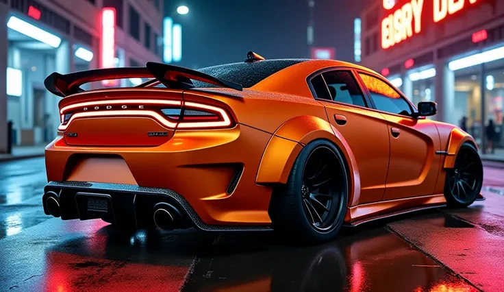 "A fully customized 2025 Dodge Charger in a bold metallic orange with a glossy black roof, captured from a low-angle rear perspective. The car features an aggressive widebody kit, blacked-out LED taillights, a carbon fiber rear spoiler, and a massive quad ...