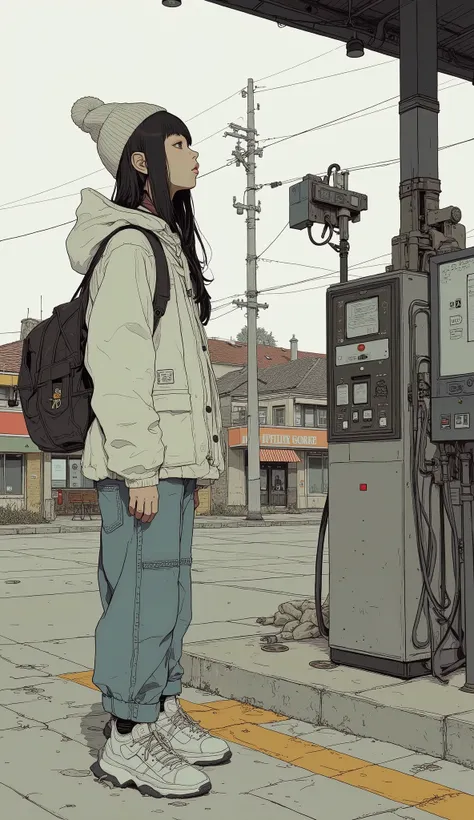 from above、 surrealism ,  artwork,  8K product, Girl looking at a refueling machine at a gas station、High school girl wearing an off-white down jacket and loose denim pants, knitted hat、 adidas sneakers  、  anatomically accurate 、