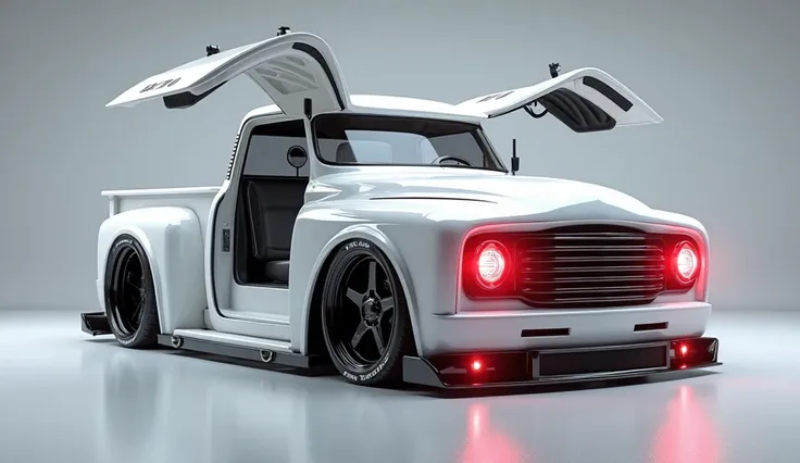 3D render of a heavily modifi -  Chevrolet K 70  white color,  view FRONT The car features opening doors, ultra-high-detail glossy and shiny modifications, including sleek add-ons. The   Chevrolet K 70   is prominently displayed on the opening doors, the t...