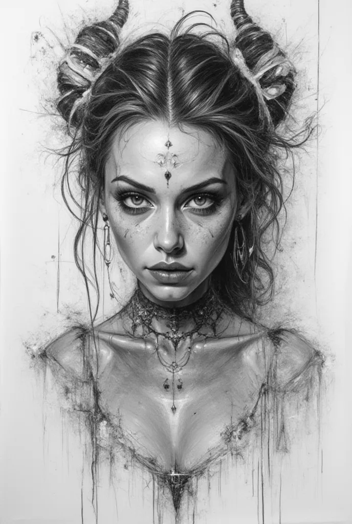 sketch with a light touch of pencil, Exquisite professional realistic pencil sketch, a portrait of a beautiful demon girl in dark style, with white ribbons in her hair, masterpiece, pencil drawing, high detail, high quality, work of art.