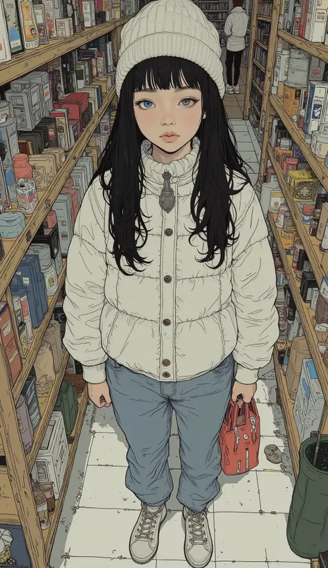 from above、 surrealism ,  artwork,  8K product, Girl looking at plastic models in a toy store、High school girl wearing an off-white down jacket and loose denim pants, knitted hat、 adidas sneakers  、  anatomically accurate 、