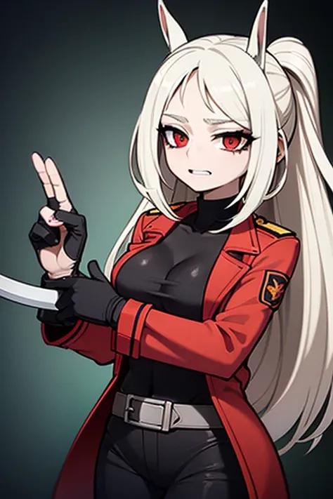 a very energetic 19-year-old girl,  of hair disheveled and short to the shoulder in white color , She doesn't take anything seriously unless she wants to, red eyes,  wears a red and black trench coat ,  she wears finger-less leather gloves , Use a jawbone ...