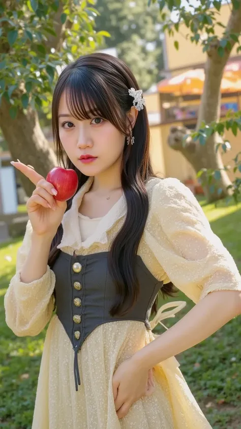 "A beautiful young woman with pale skin, raven-black hair, and ruby-red lips, wearing a traditional medieval-style dress with a corset and flowing skirt. She stands in an enchanted forest, holding a shiny red apple. Soft sunlight filters through the trees,...