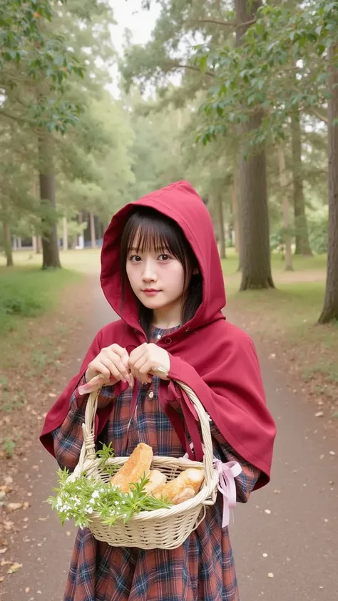 "A young girl with bright eyes and rosy cheeks, wearing a classic red hooded cape over a simple dress. She stands on a forest path holding a wicker basket filled with bread and flowers. The woods around her are both enchanting and slightly eerie, with soft...