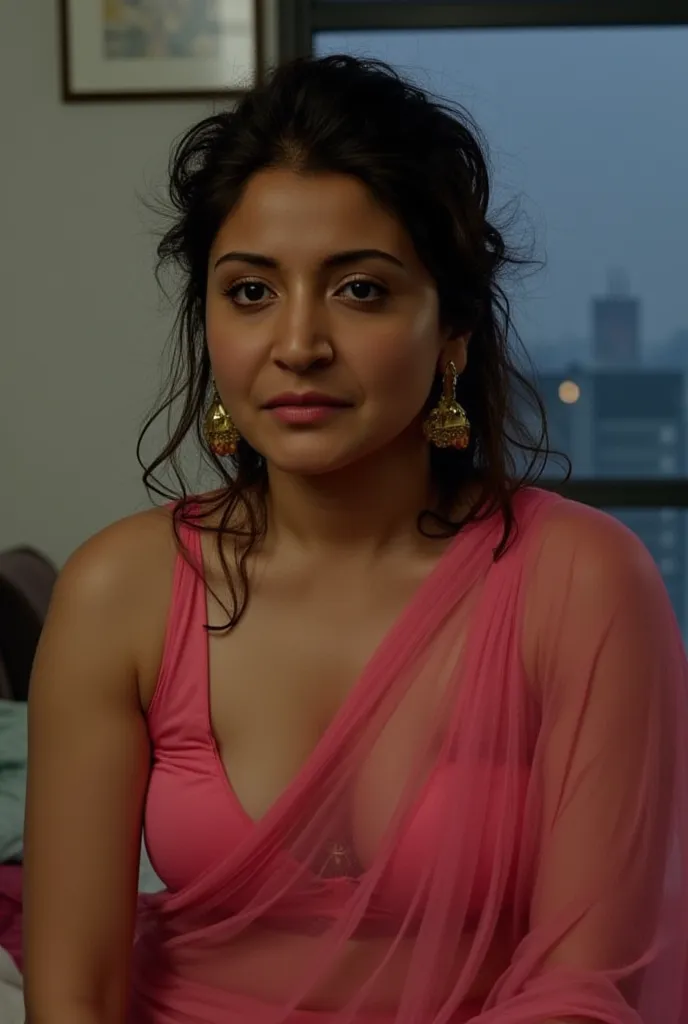 Photo of a Hot Young Indian Lady with Fair skin, Wet and sweaty, Wearing Thin Pink Transparent Saree, Large U Cut cleavage exposed, Hair Messed up, Bed messed up, Sitting on Bed looking outside the window, Dim light.