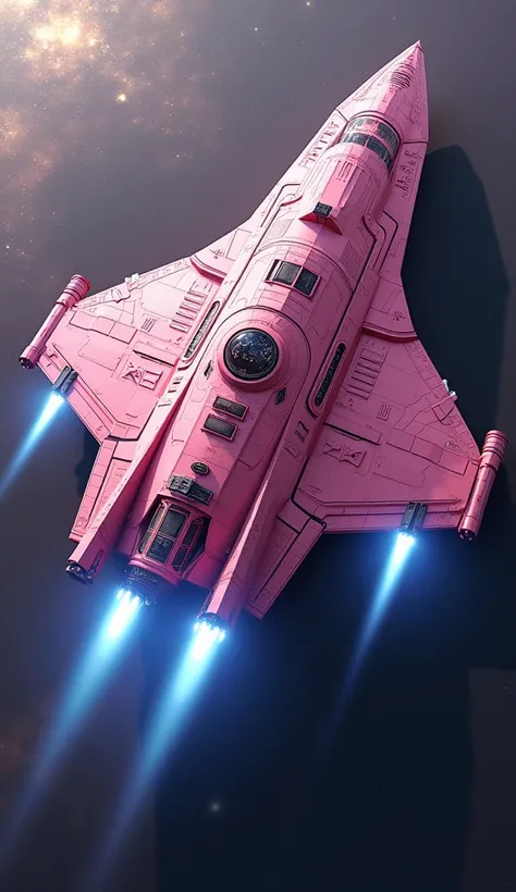 " A gigantic and realistic pink spaceship , formato Long cunha.  many small showcases along its structure with several compartments. um muito grande motor com proporção pluma de escape azul In the background eo outro muito grande motor proporção pluma de e...