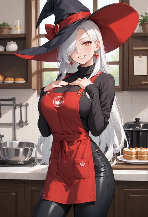 score_9, score_8_up, score_7_up, score_6_up, PRSNL, 1girl, solo, white hair, long hair, yellow eyes, parted bangs, large breasts, witch hat, black sweater, red apron, black pants, looking at you, hand on own chest, smile, indoors, hat over one eye,,masterp...