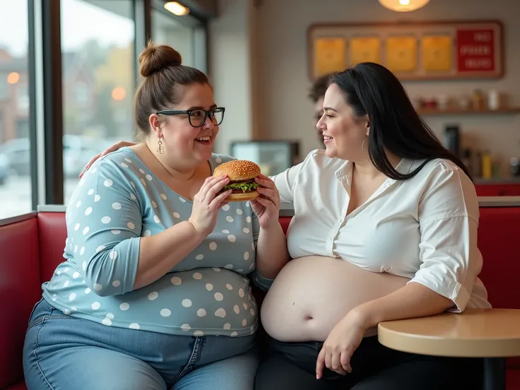  Realistic photo of a small young fat woman with brown hair at an angle, Tied in a bun and a pony Fransel .
She wears round horn-rimmed glasses and has a rounded face. 
 She is wearing a light blue top with white polka dots . Plus jeans . Big butt and wide...