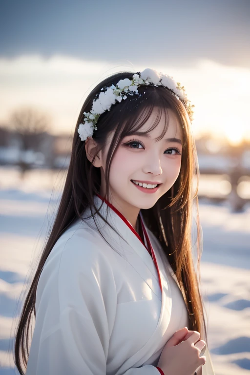  top quality , 4k image quality,  One Girl , White Hanfu, snow,  long hair that flutters in the wind ,  healing smile , Large diameter,  Blurry Backgrounds 