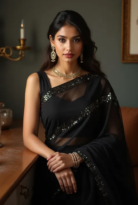 A beautiful married woman wearing a Black Georgette Draped Saree with Sequins Work and Readymade Blouse-SR27727.she sitting on the chair infront of table.she in the selfie image.