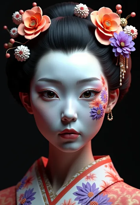 Hyperrealistic 3D render in the style of Nick Knight and Peter Gric, robotic geisha portrait, porcelain white skin texture with deep purple and orange floral patterns, traditional Japanese ornamental balls in hair, geometric patterns mapped onto face, Shar...