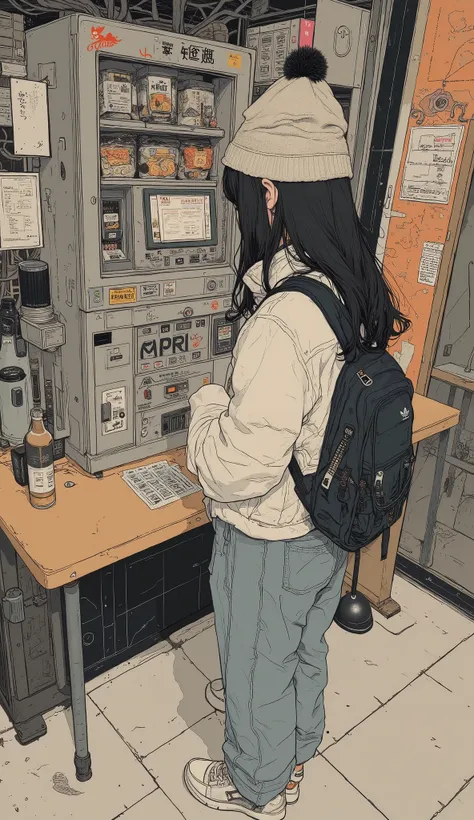 from above、 surrealism ,  Fisheye 、 artwork,  8K product、Girl looking at a ticket vending machine at a ramen shop、High school girl wearing an off-white down jacket and loose denim pants, knitted hat、 adidas sneakers  、  anatomically accurate 、