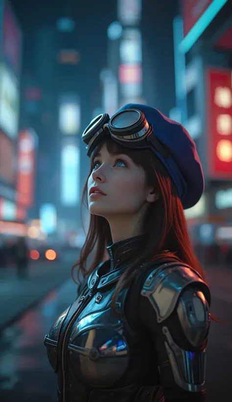 A beautiful girl looking up, wearing goggles, with blue eyes and brown hair, gauntlets, shoulder armor, and a hat, against a science fiction outdoor cityscape with neon lights, in a cyberpunk style, masterpiece, best quality, 4k, 8k, highres, ultra-detaile...