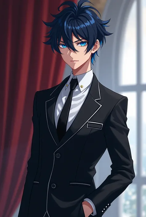 adult anime man with black hair and blue highlights and in a waiter's suit and with blue eyes 