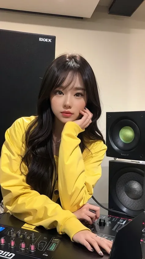 A stylish Asian woman poses confidently in front of a large stack of black speakers. She wears a pale yellow jacket adorned with bold gold lettering on the front, slightly open on the left to reveal a soft white tank top underneath. Her pose is seductive, ...