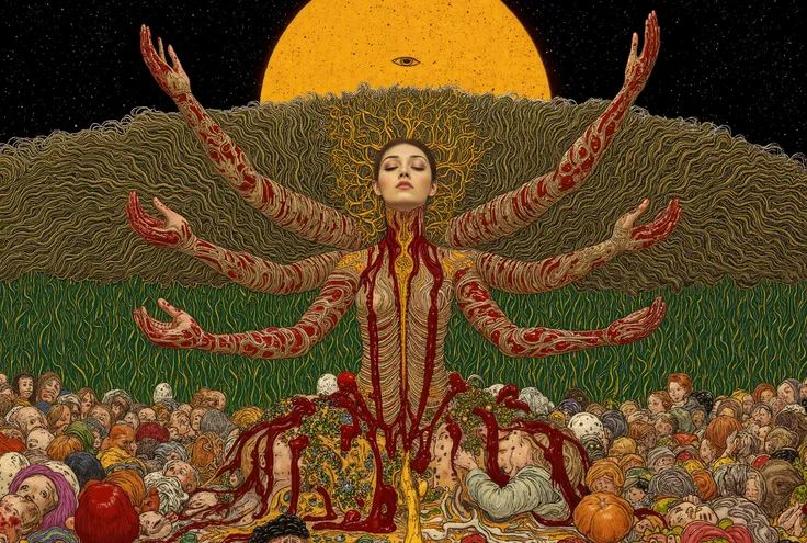 wide shot,many people,1 big woman,praying hands,body horror, portrait ,close up,third eye,biomachine,(bloody),shining sun, living being,plants, (vivid color),(colorful),(tangled:1.2),(wearing body suit:1.2), H.R Giger style, wingry 6 arms,Gustav Klimt  Sty...