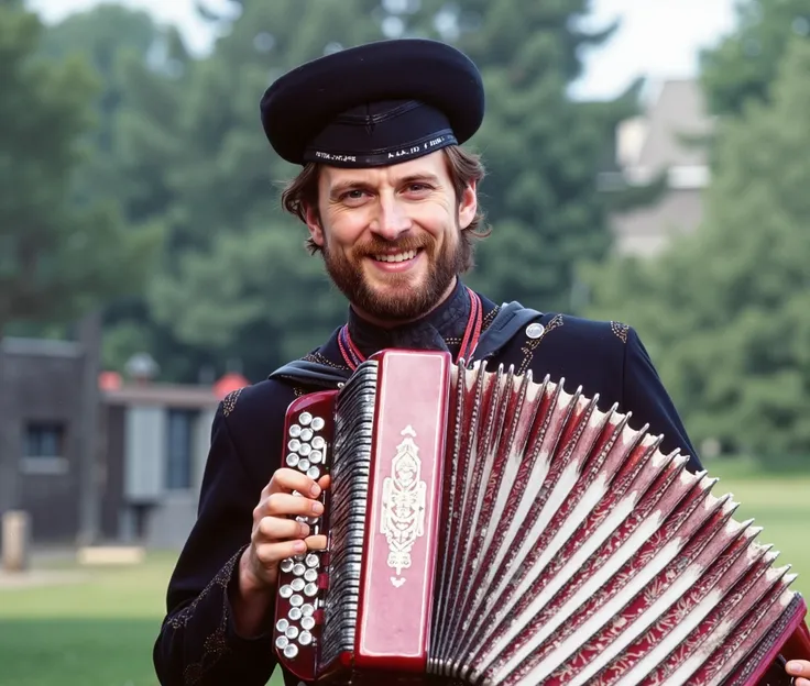 young man with an accordion in his hands, laughs, Joy,looks into the camera,  Russian clothes ,  traditional clothes , cartouche on the head,  Traditional costume , Russian costume,  Slavic style,  holding ,  traditional clothes , Russian national costume ...