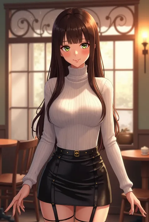 1 beautiful sexy anime women stand in a cafe with love in her eyes, tough looking, with long straight brunette hair, big green eyes, sassy, wearing a tight white turtleneck sweater with a short black leather skirt, matching garter straps, skindentations, m...