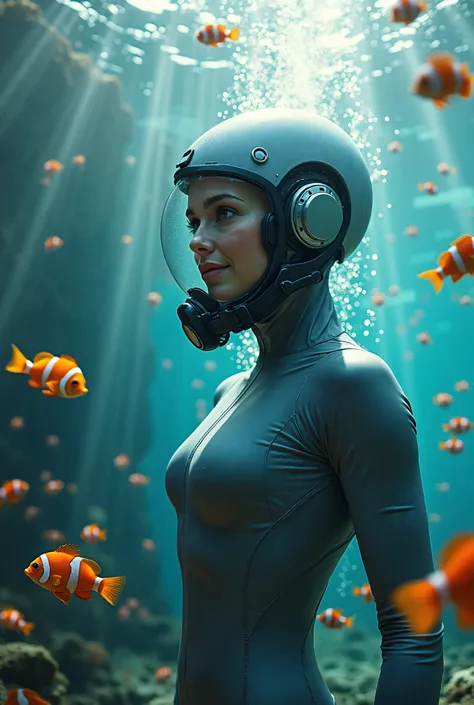 (masterpiece:1.2,Distinguished Quality,Mirror-like,Cinematic Experience),8k,wallpaper,,(A beautiful woman wearing a gray latex space body fit suit with oxygen tank for underwater exploration interacts with very beautiful Tropical fish clownfish of various ...