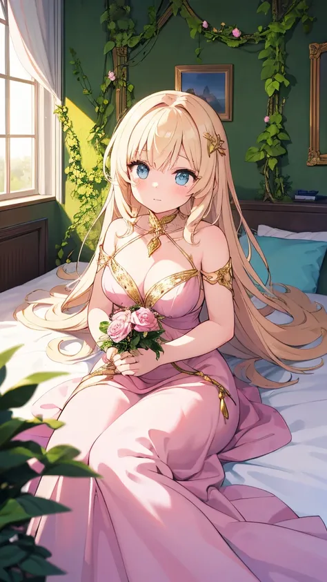 "A beautiful princess with golden hair, lying peacefully on an ornate, ivy-covered bed in an overgrown, enchanted castle. She wears a delicate, flowing gown in shades of pastel pink. Soft magical light surrounds her, with blooming roses and vines weaving t...