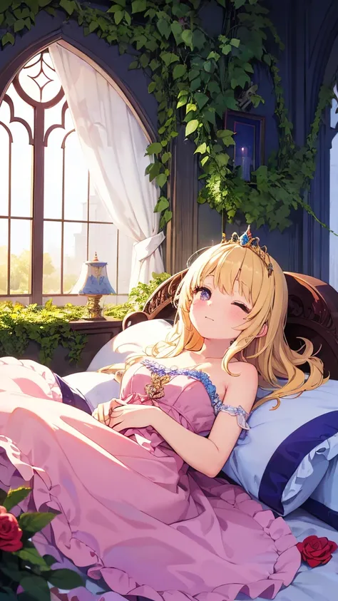 "A beautiful princess with golden hair, lying peacefully on an ornate, ivy-covered bed in an overgrown, enchanted castle. She wears a delicate, flowing gown in shades of pastel pink. Soft magical light surrounds her, with blooming roses and vines weaving t...