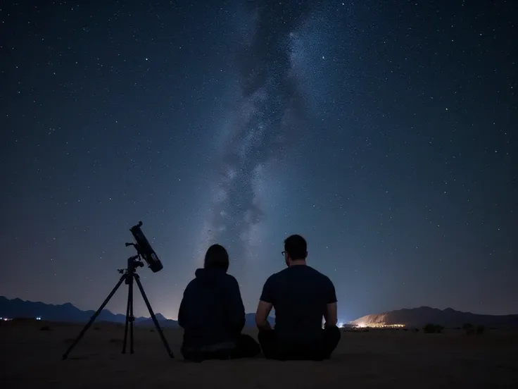 A professional photography of george bernard, wide angle, stock photo, two people sitting in the desert watching the stars and Milky Way next to a telescope, stargazing and exploration concept