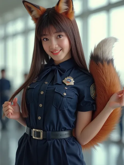 ((  top quality , 8k)), ((Girl with straight brown hair)), ((  photorealistic)), ( masterpiece),  perfect face , ((Woman with fox ears )), ((That woman has a tail )), foxgirl, (Her tail is big  ), ( That beautiful woman is smiling), She's a college student...