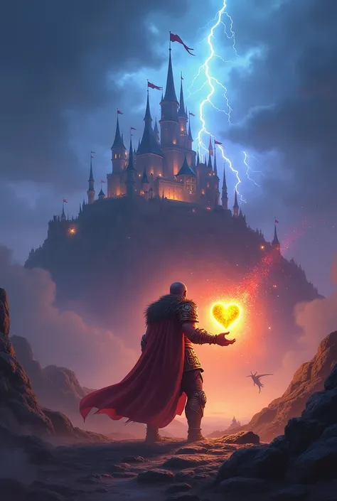 A legendary warrior stands on a mystical battlefield, holding a glowing Heartstone radiating powerful energy. In the background, a grand castle is surrounded by magical mist, with banners flying. The sky is stormy with lightning crackling, and mythical cre...